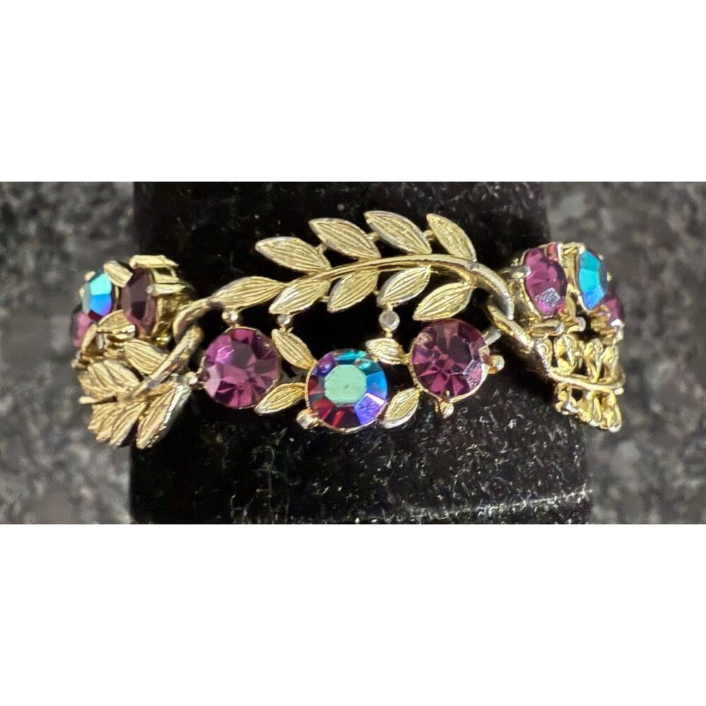 Vintage Lisner Gold-Tone Leaf & Purple Rhinestone Bracelet  Aurora Borealis Spar